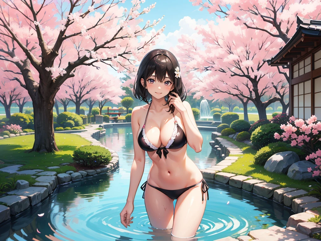 Three Girls, 28 years old, (Dirty Bikini), blush, (A shy smile), (In the Japanese garden), (Cherry tree in full bloom), Cowboy Shot, masterpiece, Super detailed, Highest quality