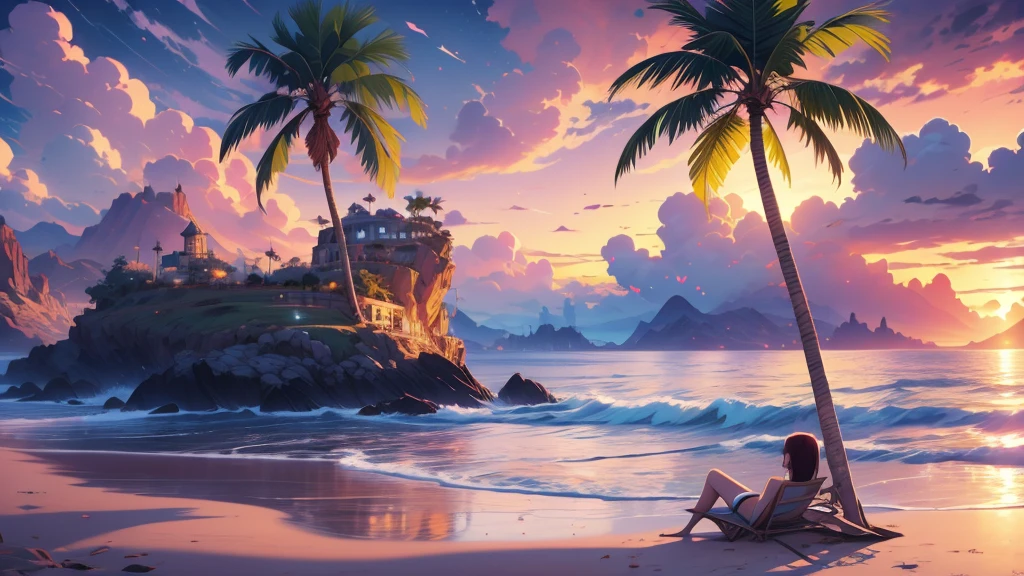 anime girl laying on the beach listen to music, palm trees and a, rhads and lois van baarle, lois van baarle and rossdraws, artgerm and lois van baarle, beautiful digital artwork, beaching, extremely detailed artgerm, deviantart artstation cgscosiety, anime background art, amazing wallpaper, background art, hd wallpaper, relaxing concept art, beautiful wallpaper, high quality desktop wallpaper, background artwork, pc wallpaper, anime background, wallpaper hd, 8K image quality, Masterpiece