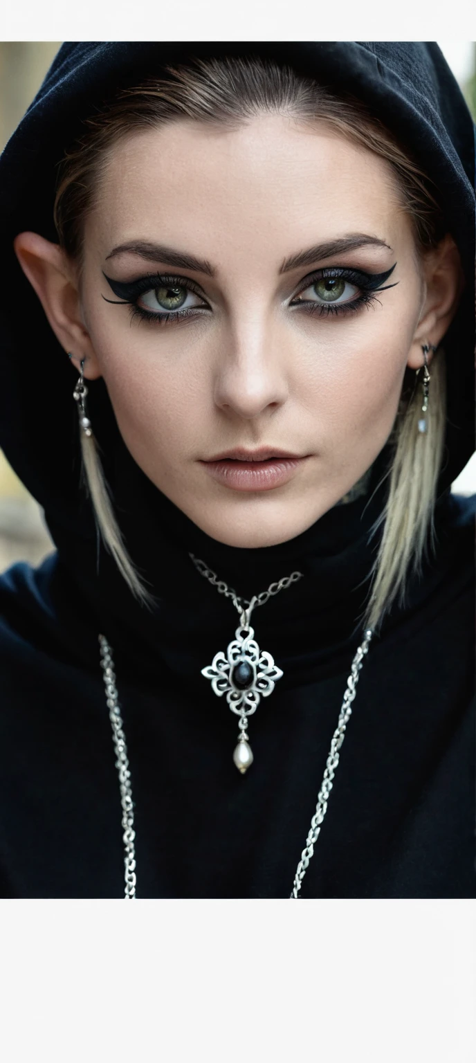 Elfe avec piecings au oreilles. Tatouages, vêtements sombres, noire. une capuche sur la tête. Tegard arrogant, sombre, malicieux. Charismatique. Cicatrice. A un collier avec un anneau