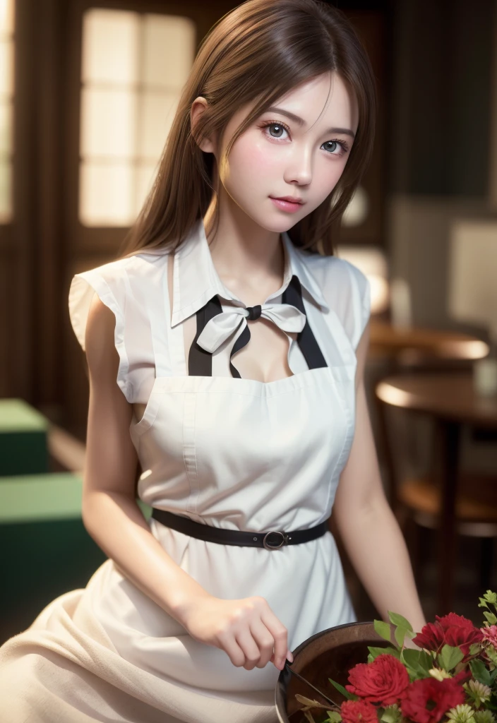 8K, Highest quality, Tabletop:1.2), (Realistic, Photorealistic:1.37), Highest quality, Tabletop, Beautiful young woman, (Small face,Very cute face),Pensive expression, Kind eyes, Naked Apron、Shy、Tie your hair back, Movie Background, Light skin tone
