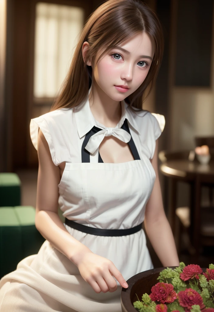8K, Highest quality, Tabletop:1.2), (Realistic, Photorealistic:1.37), Highest quality, Tabletop, Beautiful young woman, (Small face,Very cute face),Pensive expression, Kind eyes, Naked Apron、Shy、Tie your hair back, Movie Background, Light skin tone