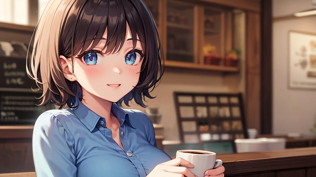 Highest quality, 8K, 4K, High resolution, (Beautifully detailed face), High Contrast,short hair,Colorful and clear eyes,Upper Eye,She has big breasts,２０generation, Cafe, Happy, blush, Blue Shirt, coffee, Upper Body, smile , One girl