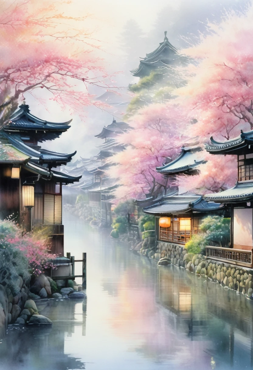 Kyoto,delicate watercolor,unearthly beauty,fine drawing, pixel graphics, a lot of details,Gentle sensuality, realistically,high quality, piece of art, hyperdetailing, professionally, filigree,foggy haze,hyperrealism, professionally, transparently,delicate pastel colors, Backlight, contrast, fabulous,unreal, translucent, Glows,sharp lines