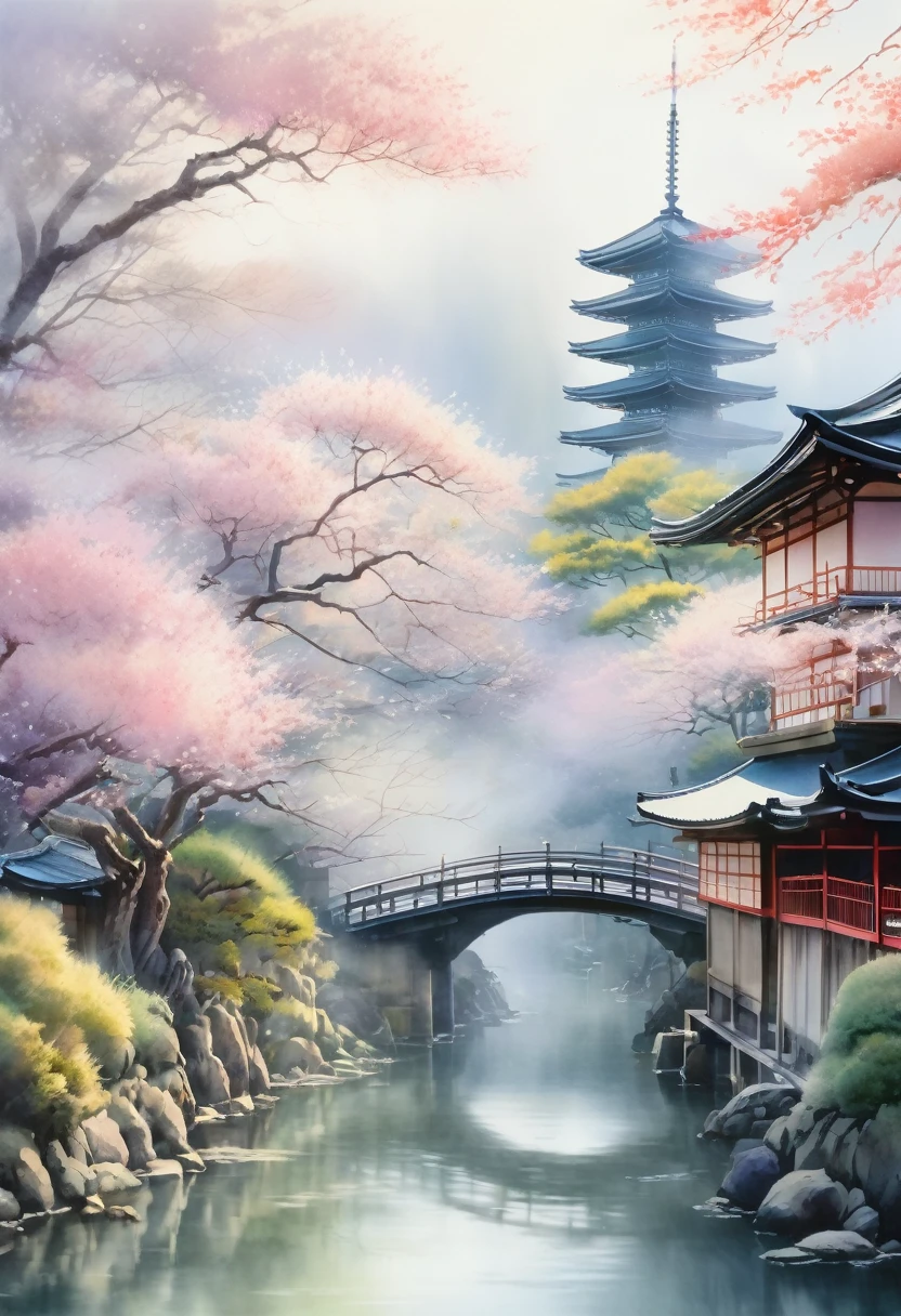 Kyoto,delicate watercolor,unearthly beauty,fine drawing, pixel graphics, a lot of details,Gentle sensuality,  realistically,high quality, piece of art, hyperdetailing, professionally, filigree,foggy haze,hyperrealism, professionally, transparently,delicate pastel colors, Backlight, contrast, fabulous,unreal, translucent, Glows,sharp lines