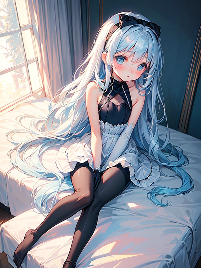 masterpiece, best quality, extremely detailed, (illustration, official art:1.1), 1 girl ,(((( light blue long hair)))), ,(((( light blue long hair)))),light blue hair, ,************, long hair ((blush)) , cute face, big eyes, masterpiece, best quality,(((((a very delicate and beautiful girl))))),Amazing,beautiful detailed eyes,blunt bangs((((little delicate girl)))),tareme(true beautiful:1.2), sense of depth,dynamic angle,,,, affectionate smile, (true beautiful:1.2),,(tiny 1girl model:1.2),)(flat chest), (((1 girl)),Ray tracing,(dim lights),[Detailed background (bedroom)) 、 ((((Girl wears exquisitely embroidered black high-waisted pants with pantyhose) and white ruffled bow gloves), correct limbs, sitting on bed、Ribbon headband、Pencil Skirt
