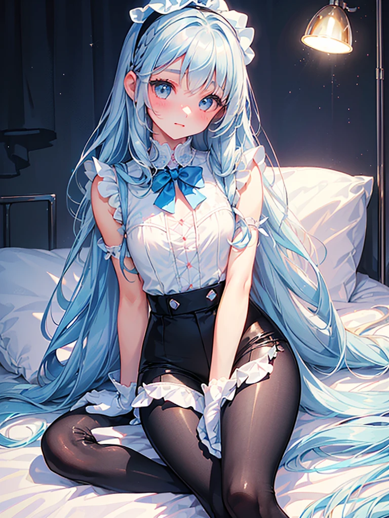 masterpiece, best quality, extremely detailed, (illustration, official art:1.1), 1 girl ,(((( light blue long hair)))), ,(((( light blue long hair)))),light blue hair, ,10 years old, long hair ((blush)) , cute face, big eyes, masterpiece, best quality,(((((a very delicate and beautiful girl))))),Amazing,beautiful detailed eyes,blunt bangs((((little delicate girl)))),tareme(true beautiful:1.2), sense of depth,dynamic angle,,,, affectionate smile, (true beautiful:1.2),,(tiny 1girl model:1.2),)(flat chest), (((1 girl)),Ray tracing,(dim lights),[Detailed background (bedroom)) 、 ((((Girl wears exquisitely embroidered black high-waisted pants with pantyhose) and white ruffled bow gloves), correct limbs, sitting on bed、Ribbon headband、Pencil Skirt
