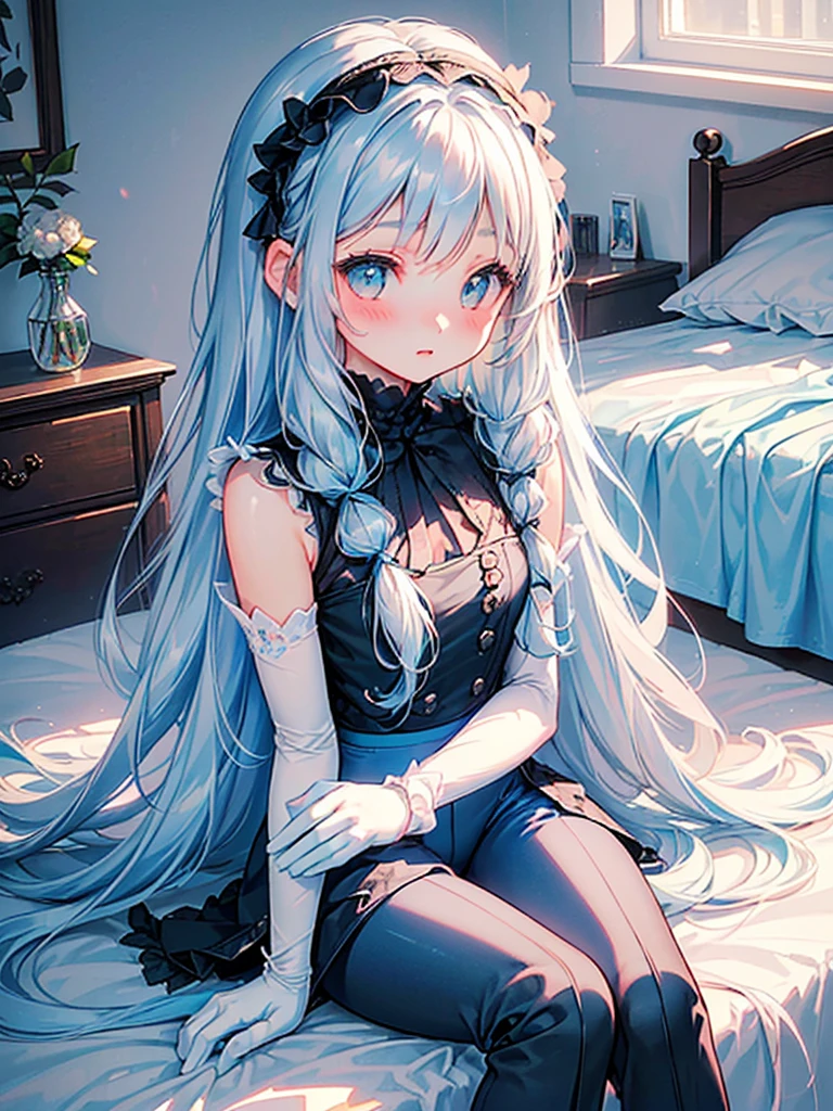 masterpiece, best quality, extremely detailed, (illustration, official art:1.1), 1 girl ,(((( light blue long hair)))), ,(((( light blue long hair)))),light blue hair, ,, long hair ((blush)) , cute face, big eyes, masterpiece, best quality,(((((a very delicate and beautiful girl))))),Amazing,beautiful detailed eyes,blunt bangs((((little delicate girl)))),tareme(true beautiful:1.2), sense of depth,dynamic angle,,,, affectionate smile, (true beautiful:1.2),,(tiny 1girl model:1.2),)(flat chest), (((1 girl)),Ray tracing,(dim lights),[Detailed background (bedroom)) 、 ((((Girl wears exquisitely embroidered black high-waisted pants with pantyhose) and white ruffled bow gloves), correct limbs, sitting on bed、Ribbon headband、Pencil Skirt