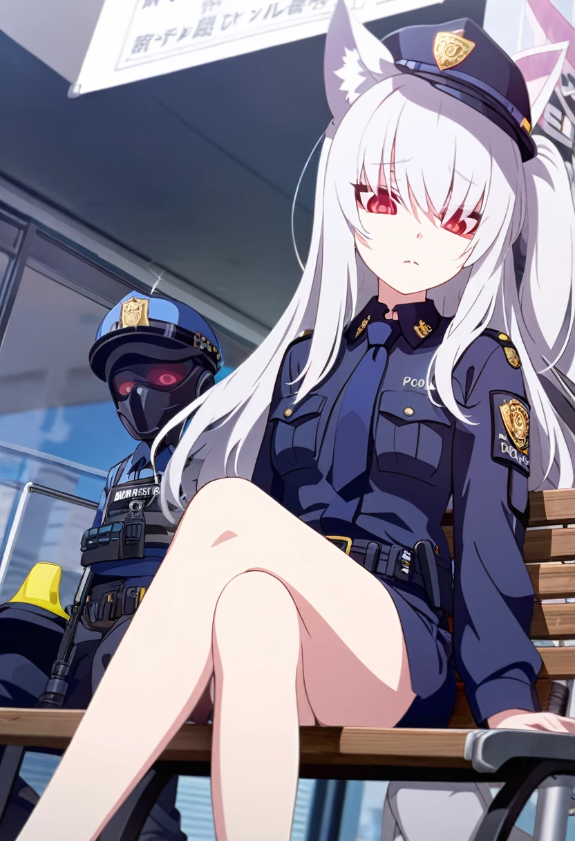 NSFW,1girl,Fox ears,Silver Hair,Red eyes,Slit eyes,Trimmed long hair,high school girl,Police uniform,Police hat,,Bored look,Urban area,Mobile Task Force Equipment,Character portrait,full Art,Sitting on a bench,Angle from below