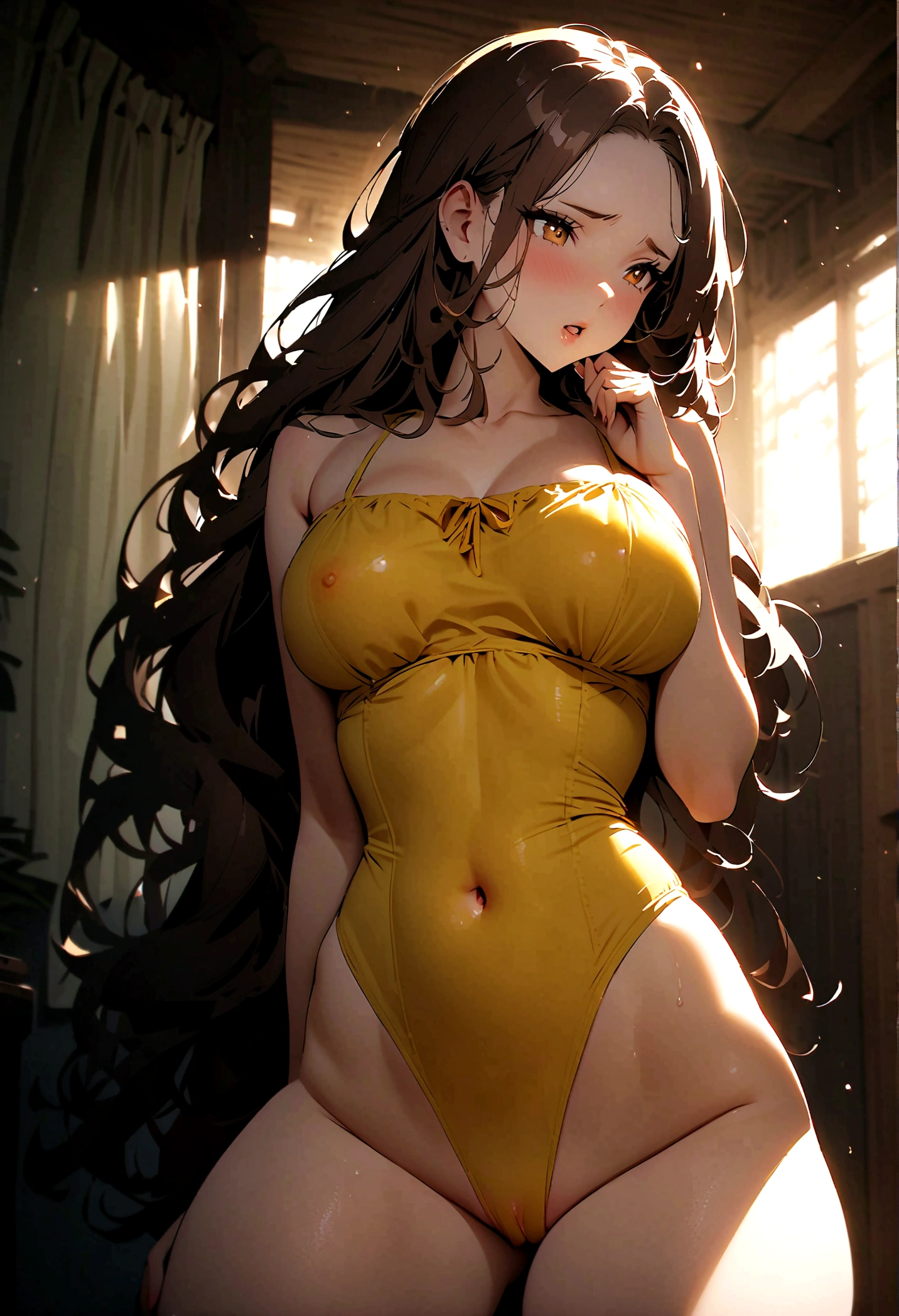 (Sex, gangbang) ,NSFW,best quality, female,  , glamorous, voluptuous us, curvy, forehead, long wavy brown hair ,yellow swimsuit, extreme long shot,
The swimsuit is taken off