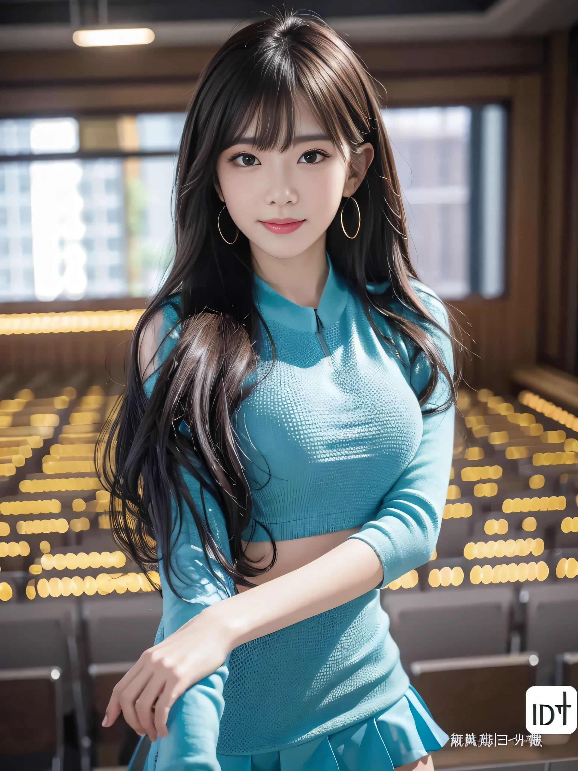 (8K, RAW Photos, Highest quality, masterpiece:1.2), Super Resolution, (Realistic, Realistic Photo:1.37), Head to Toe, High-resolution RAW color photos, Professional photos, Very detailed, 8K wallpaper, Amazing details, very detailed beautiful girl, Very detailed顔, Very detailed目, Very detailed肌, Very detailed指, Very detailed鼻, Very detailed mouth , Very detailedな脚, Perfect Anatomy, Very detailed background, Very detailed clothes, 1 Girl, (18:1.2), Age 25, Realistic body, Fair skin, Glowing Skin , Curly Hair, (bangs:1.2), smile, Cute face, Realistic face, Delicate eyes, Blue mesh shirt, Short skirt, Earrings, Looking at the audience, Dynamic Lighting, Very large breasts,