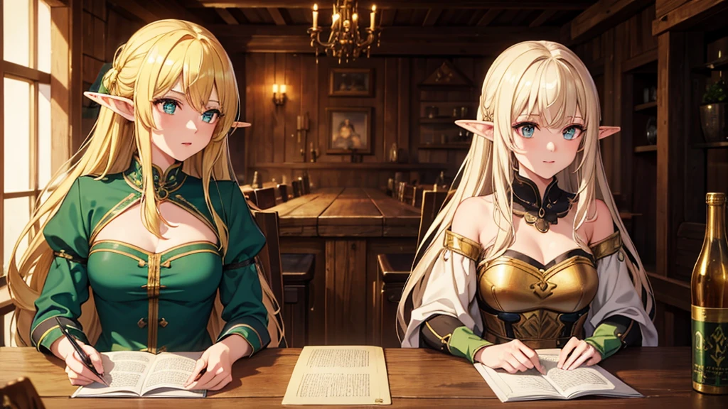 Top quality, 8K, masterpiece, (1 person), elven female, blonde, long hair, emerald gemstone eyes, gwaiz style, dim lighting, cute, medieval tavern, older sister, 25 years old, looks like a lot of fun