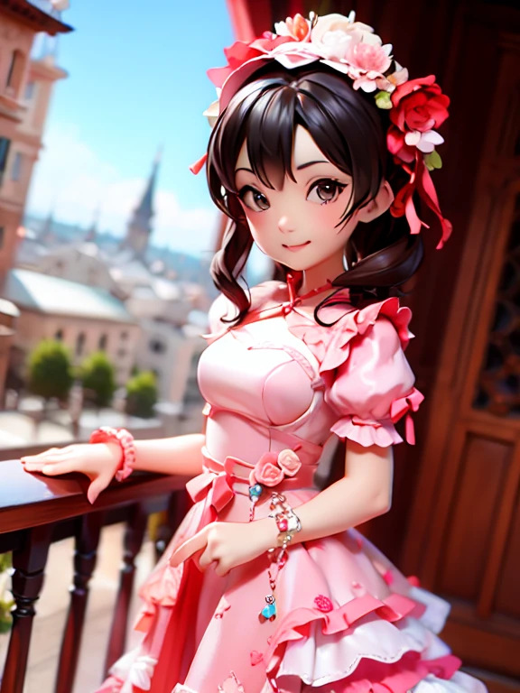 chibi, chibi figure, On the beautiful balcony of the palace、A woman in an evening dress is standing。The balcony offers a beautiful view.、Her gorgeous outfit stands out。