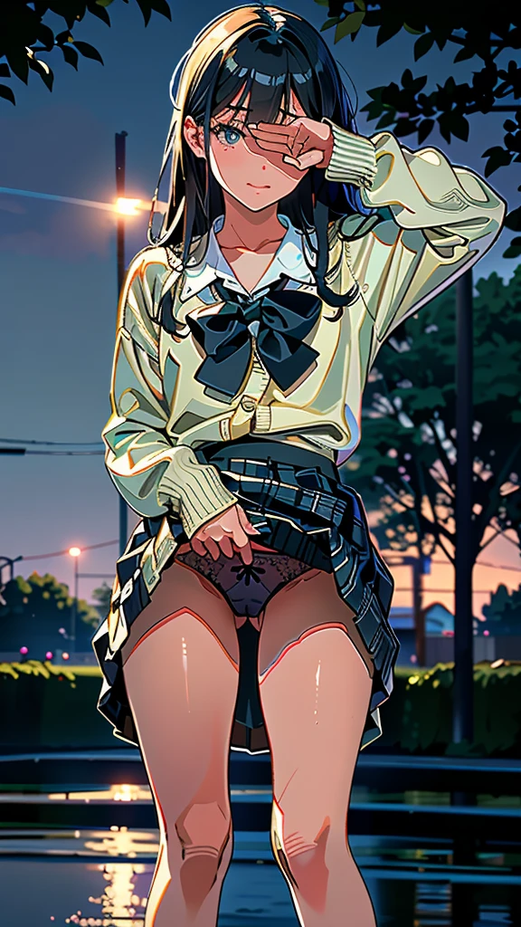 (8K, RAW Photos, 最high quality, masterpiece:1.2), high qualityのRAWカラー写真, Professional photo shoot, Cinematic Light, ht、Late nigalone, (((young woman, Gal))), (Sharp features), (Small face), (Skin with attention to detail:1.2), clavicle, Cute face, Beautiful appearance, Long eyelashes,Girl Turning Around,, (Black Hair, Long straight line), high school student, cardigan, High School Uniform、, White shirt, mini skirt, night k, Birds chirping, Embarrassing, sad, Artistic painting,Attractive thighs, barefoot:1.2, loafers:1.2, (Very fine touch:1.2), (Watery eye), sad雰囲気, Oil painting style, Dark colors, (Are standing:1.5, lean on a tree, Full body portrait), Smooth texture, Gazing Eyes, Beautiful Skin, Shiny skin, ((Perfect Fingers, Five Fingers, Anatomically correct)), Background Blur, high quality, Surreal, ((Very detailed, photo shoot)),(Cover your face with your right hand、Left hand grabs skirt),,(((Skirt flip、Sexyties)lush、ssing、They hesitate、Look down、avert your eyes、Full Body Shot、((Hide your face))、Embarrassed、Thick legs、、glamorous