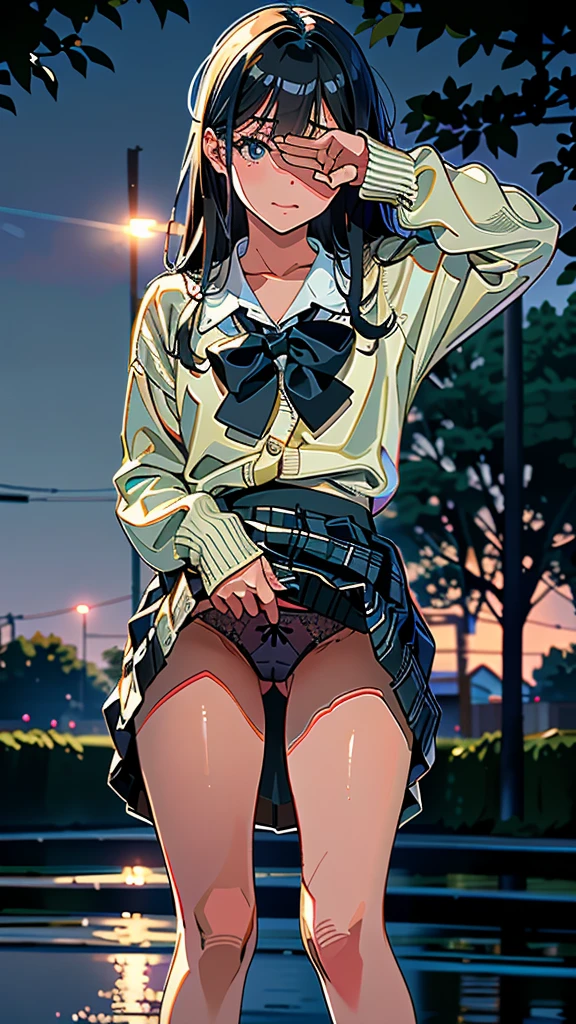 (8K, RAW Photos, 最high quality, masterpiece:1.2), high qualityのRAWカラー写真, Professional photo shoot, Cinematic Light, night、Late night、alone, (((young woman, Gal))), (Sharp features), (Small face), (Skin with attention to detail:1.2), clavicle, Cute face, Beautiful appearance, Long eyelashes,Girl Turning Around,, (Black Hair, Long straight line), high school student, cardigan, High School Uniform、, White shirt, mini skirt, night Park, Birds chirping, Embarrassing, sad, Artistic painting,Attractive thighs, barefoot:1.2, loafers:1.2, (Very fine touch:1.2), (Watery eye), sad雰囲気, Oil painting style, Dark colors, (Are standing:1.5, lean on a tree, Full body portrait), Smooth texture, Gazing Eyes, Beautiful Skin, Shiny skin, ((Perfect Fingers, Five Fingers, Anatomically correct)), Background Blur, high quality, Surreal, ((Very detailed, photo shoot)),(Cover your face with your right hand、Left hand grabs skirt),,(((Skirt flip、Sexy panties)))、blush、Embarrassing、They hesitate、Look down、avert your eyes、Full Body Shot、((Hide your face))、Embarrassed、Thick legs、、glamorous