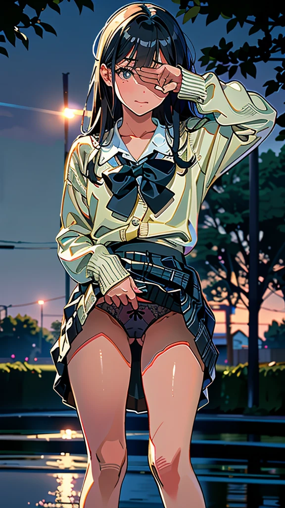 (8K, RAW Photos, 最high quality, masterpiece:1.2), high qualityのRAWカラー写真, Professional photo shoot, Cinematic Light, night、Late night、alone, (((young woman, Gal))), (Sharp features), (Small face), (Skin with attention to detail:1.2), clavicle, Cute face, Beautiful appearance, Long eyelashes,Girl Turning Around,, (Black Hair, Long straight line), high school student, cardigan, High School Uniform、, White shirt, mini skirt, night Park, Birds chirping, Embarrassing, sad, Artistic painting,Attractive thighs, barefoot:1.2, loafers:1.2, (Very fine touch:1.2), (Watery eye), sad雰囲気, Oil painting style, Dark colors, (Are standing:1.5, lean on a tree, Full body portrait), Smooth texture, Gazing Eyes, Beautiful Skin, Shiny skin, ((Perfect Fingers, Five Fingers, Anatomically correct)), Background Blur, high quality, Surreal, ((Very detailed, photo shoot)),(Cover your face with your right hand、Left hand grabs skirt),,(((Skirt flip、Sexy panties)))、blush、Embarrassing、They hesitate、Look down、avert your eyes、Full Body Shot、((Hide your face))、Embarrassed、Thick legs、、glamorous