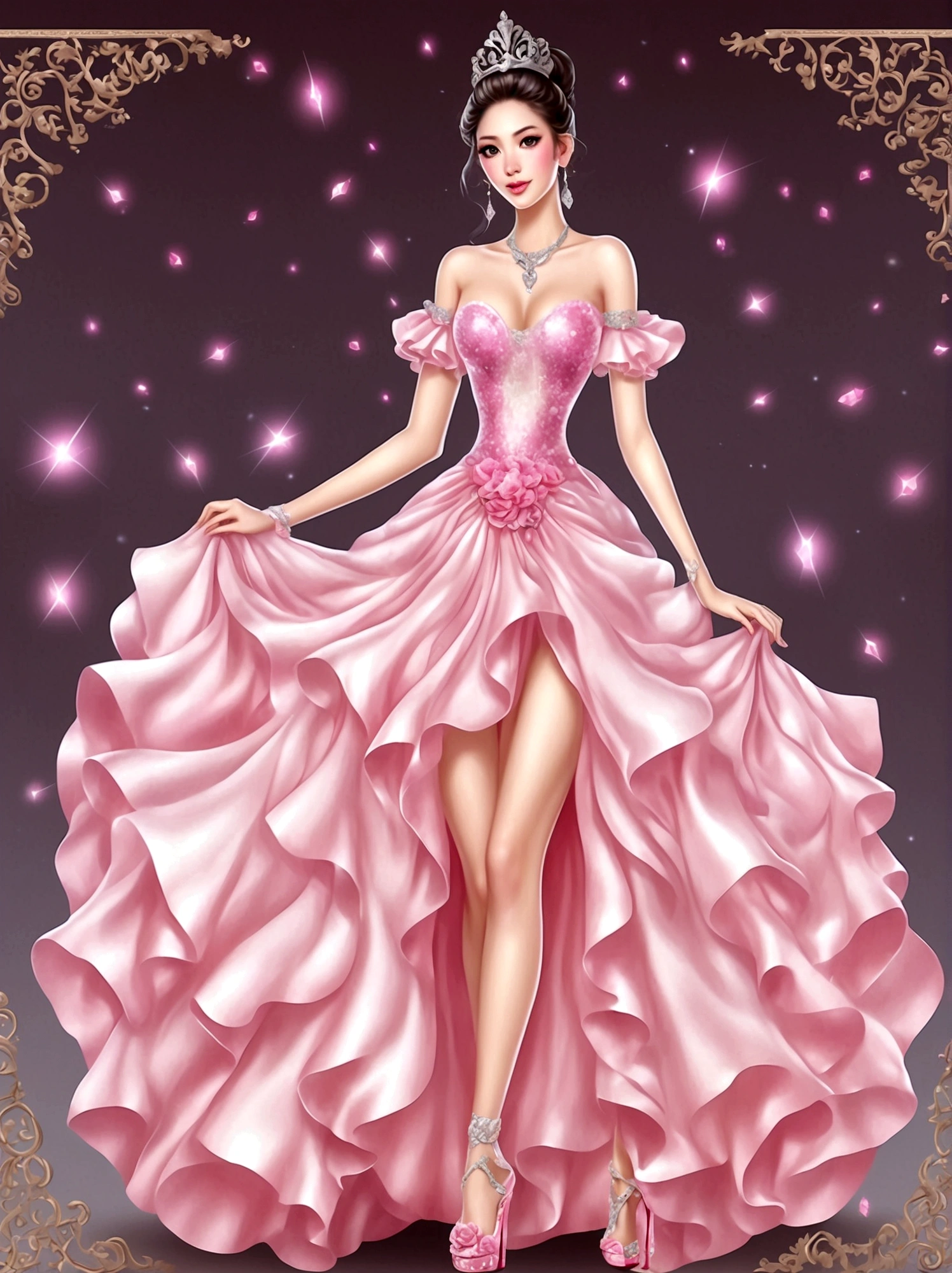 ((masterpiece))，Best quality，absurd，Ultra Detailed，(whole body:1.5)，Golden Ratio，Super cute and beautiful Asian idol girl，Very beautiful violet bright eyes，Beautiful colorful shiny brown hair，High Ponytail，good body shape，fit，Perfect body，(Wearing a stately and exquisite royal Cinderella court evening gown:1.5)，With huge puff sleeves and hourglass waist，adorned with bows，Embroidery and jewelry，Long white gloves，pearl necklace and earrings，Beautiful hair accessories，(Pink crystal high heels:1.8)，Dark theme elements, Pencil Sketch，(rococo style, Romanticism, modern, uhd, anatomically correct, accurate, textured skin, 8K)