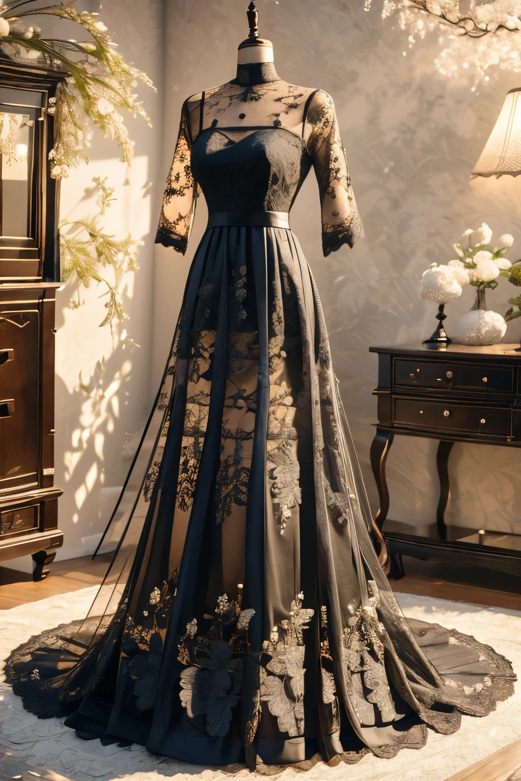 Black laceで出来た晚礼服, Beautiful lace evening dress, Lace lingerie for room decoration, indoor, Black lace, Very delicate lace, best quality:1.2, 4K, 8K, Very detailed, High Detail, masterpiece:1.2,, Ultra wide angle