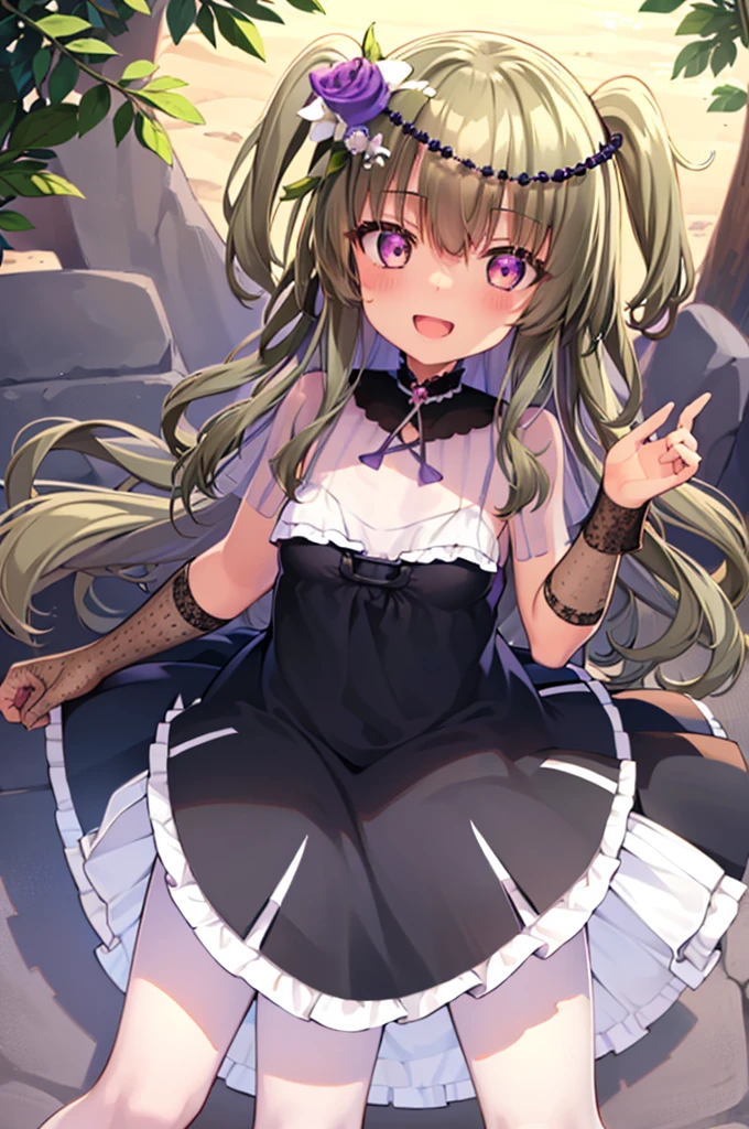 Himari Mei, masterpiece, loli, cute, flat chest, cute and shy smile, highly detailed sparkling brilliant purple eyes, open mouth slightly, standing in summer beach, aquamarine sea, sandy beach, black dress, perfect body, detailed hands, reaching