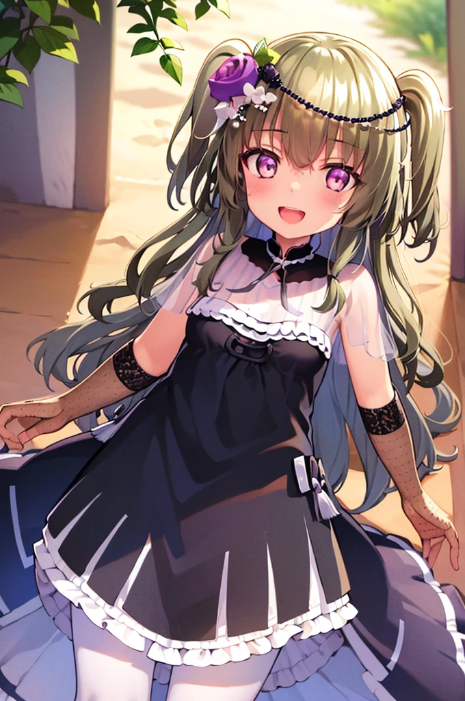 Himari Mei, masterpiece, , cute, flat chest, cute and shy smile, highly detailed sparkling brilliant purple eyes, open mouth slightly, standing in summer beach, aquamarine sea, sandy beach, black dress, perfect body, detailed hands, reaching