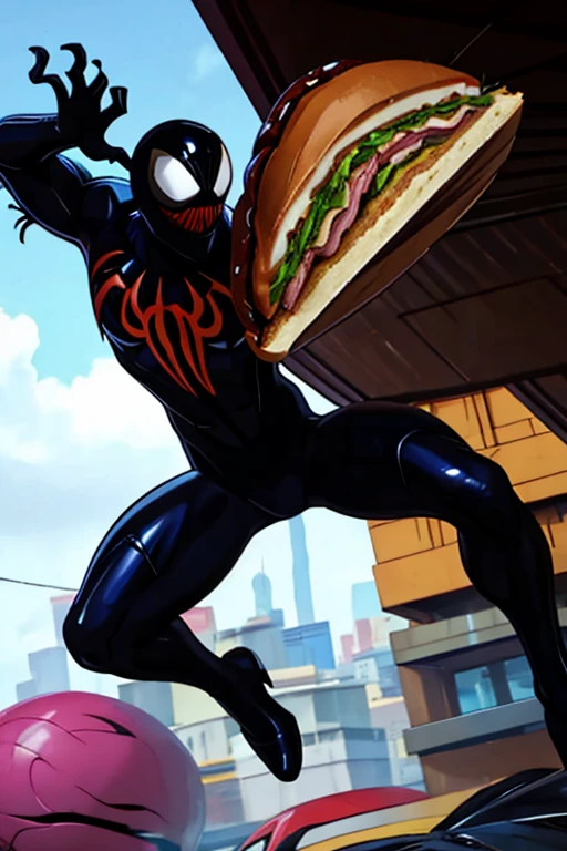 Miles morales eats a sandwich containing venom and turns into symbiote