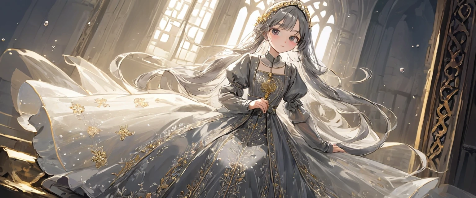 girl, Gold and silver embroidery, White-gray pearl medieval long dress(With panniers), Translucent fabric, Pull up the dress by hand, Strong winds, Translucent slip, Grey translucent tights, Peeking from below, Highest quality, Disorder of clothing, sit