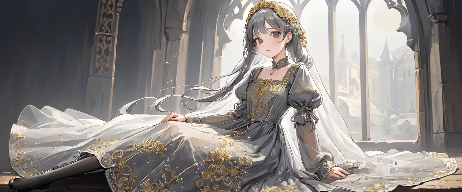 girl, Gold and silver embroidery, White-gray pearl medieval long dress(With panniers), Translucent fabric, Pull up the dress by hand, Strong winds, Translucent slip, Grey translucent tights, Peeking from below, Highest quality, Disorder of clothing, sit