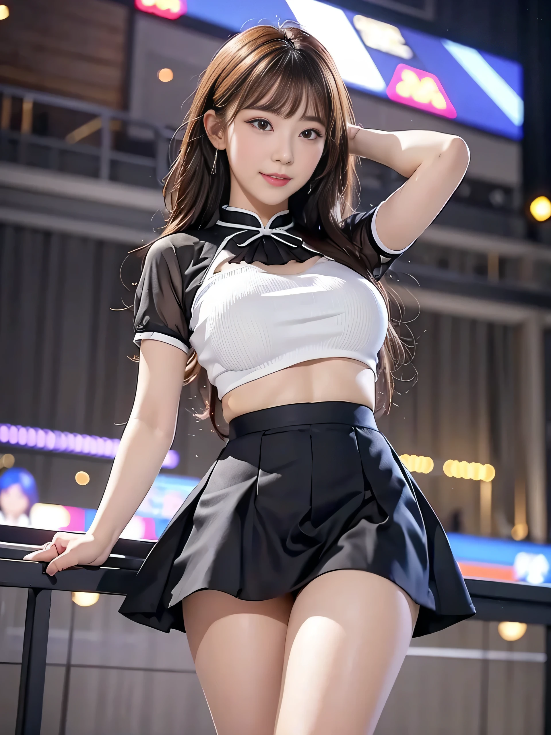 (8K, RAW Photos, Highest quality, masterpiece:1.2), Super Resolution, (Realistic, Realistic Photo:1.37), Head to Toe, High-resolution RAW color photos, Professional photos, Very detailed, 8K wallpaper, Amazing details, very detailed beautiful girl, Very detailed顔, Very detailed目, Very detailed肌, Very detailed指, Very detailed鼻, Very detailed mouth , Very detailedな脚, Perfect Anatomy, Very detailed background, Very detailed clothes, 1 Girl, (18:1.2), Age 25, Realistic body, Fair skin, Glowing Skin , Curly Hair, (bangs:1.2), smile, Cute face, Realistic face, Delicate eyes, Blue mesh shirt, Short skirt, Earrings, Looking at the audience, Dynamic Lighting, Very large breasts,