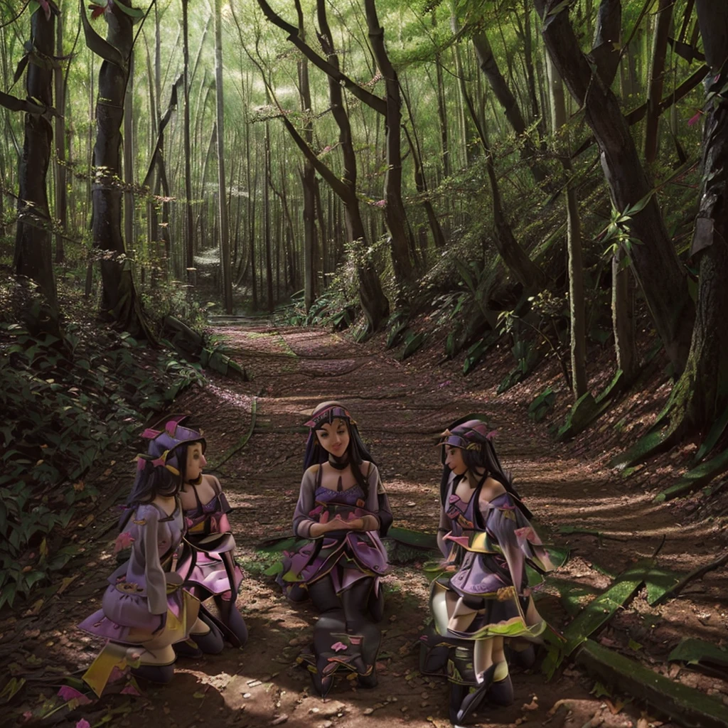 Vision, (three Lolitas: 2) Stable diffusion is the best image quality, morning sunshine, spring scenery, dew and flowers, flying hair, living in a dreamland of mushrooms and fairy tales, traveling, running, and laughing. forest path