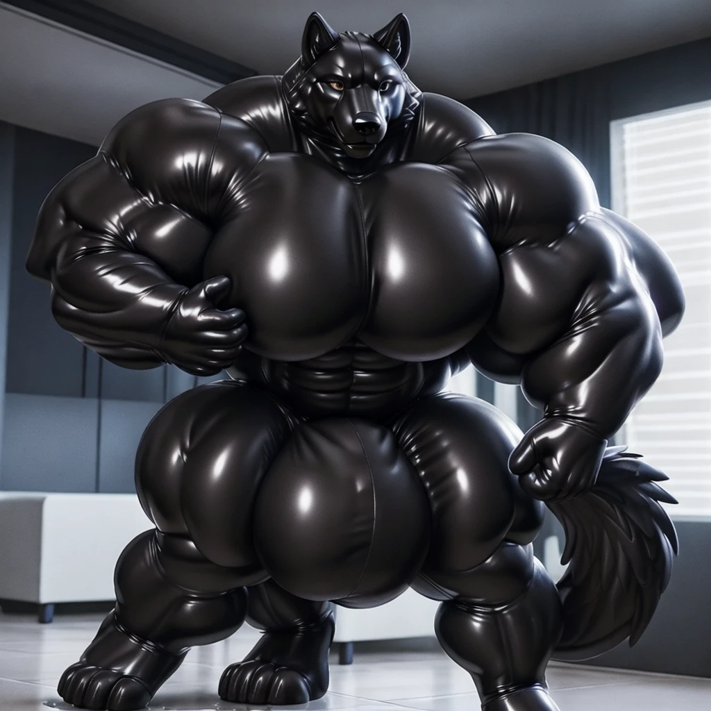 solo, male, , , , (hyper pecs:1.3), (long thick thighs:1.5), standing, indoor,,(,,(,solo,very hyper muscles:1.3)((, Huge bulge:1.5)))()), black glowing liquid,(((liquid_latex, , rubber:1.2),,black latex,goo transformation,(gooey)()(l),unreal engine,perfect light,detailed, photorealistic, 4k, hd, , , , good anatomy, , (), ,, high quality, best quality, concept art, photorealistic,wolf
