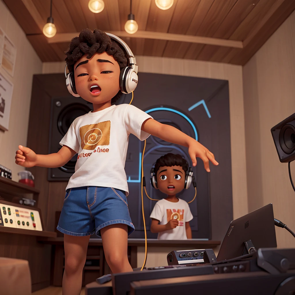 Image of a young brown-skinned boy, seen from COSTA, Inside a recording studio. He is wearing big headphones and is focused, with eyes closed, as if you were singing. The scene is illuminated by soft lights that highlight the modern ambiance of the studio.. The shirt he is wearing has the word &#39;VINEX&#39; written on the back in large, stylized letters. The surrounding environment is professional and focused, with audio equipment visible in the background, indicating a high-quality studio for recording music