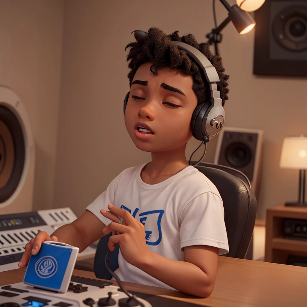 Image of a young brown-skinned boy, seen from COSTA, Inside a recording studio. He is wearing big headphones and is focused, with eyes closed, as if you were singing. The scene is illuminated by soft lights that highlight the modern ambiance of the studio.. The shirt he is wearing has the word 'VINEX' written on the back in large, stylized letters. The surrounding environment is professional and focused, with audio equipment visible in the background, indicating a high-quality studio for recording music
