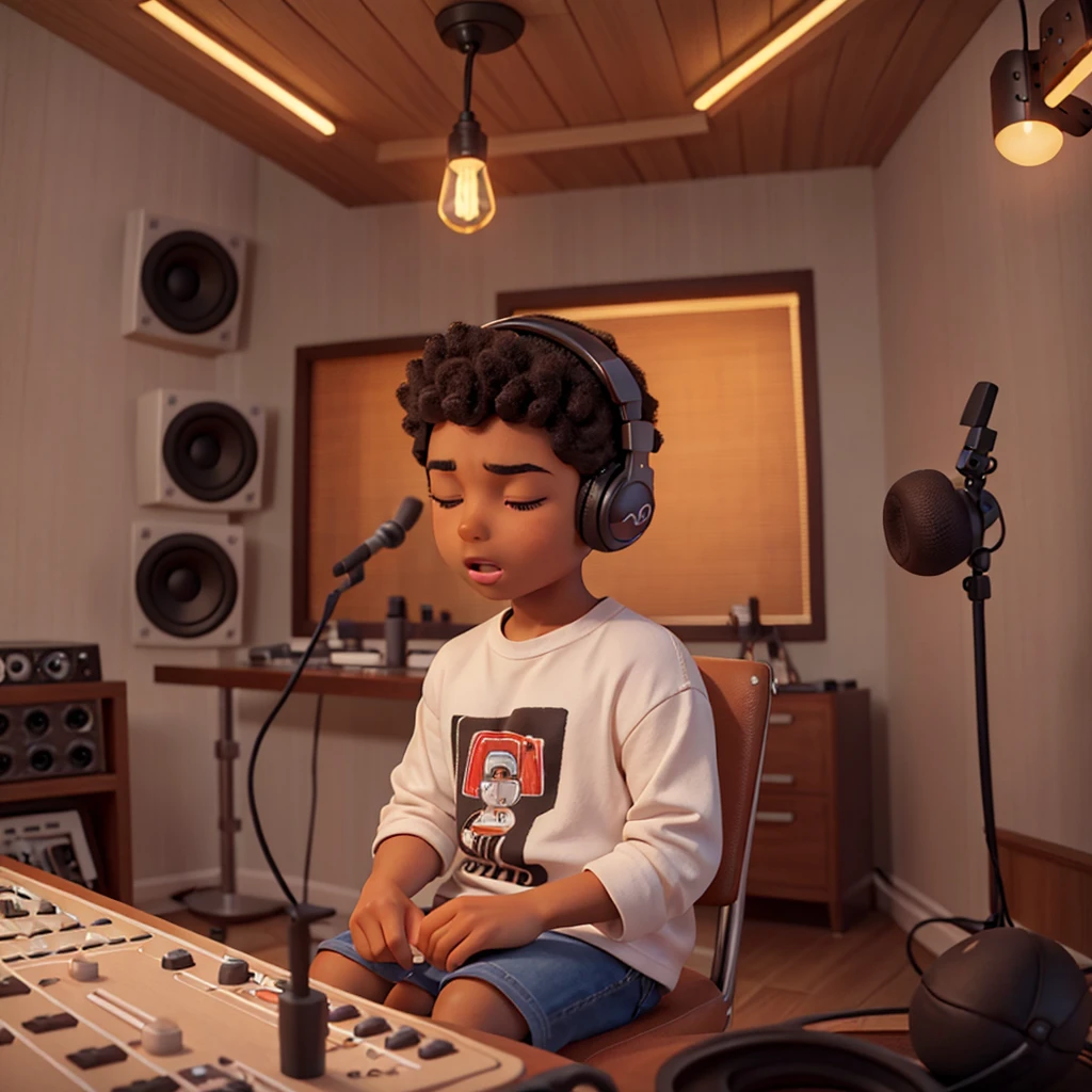 Image of a young brown-skinned boy, seen from COSTA, Inside a recording studio. He is wearing big headphones and is focused, with eyes closed, as if you were singing. The scene is illuminated by soft lights that highlight the modern ambiance of the studio.. The shirt he is wearing has the word 'VINEX' written on the back in large, stylized letters. The surrounding environment is professional and focused, with audio equipment visible in the background, indicating a high-quality studio for recording music