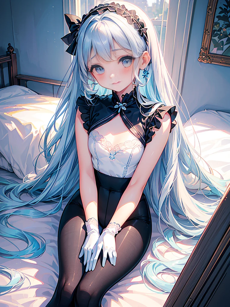 masterpiece, best quality, extremely detailed, (illustration, official art:1.1), 1 girl ,(((( light blue long hair)))), ,(((( light blue long hair)))),light blue hair, ,10 years old, long hair ((blush)) , cute face, big eyes, masterpiece, best quality,(((((a very delicate and beautiful girl))))),Amazing,beautiful detailed eyes,blunt bangs((((little delicate girl)))),tareme(true beautiful:1.2), sense of depth,dynamic angle,,,, affectionate smile, (true beautiful:1.2),,(tiny 1girl model:1.2),)(flat chest), (((1 girl)),Ray tracing,(dim lights),[Detailed background (bedroom)) 、 ((((Girl wears exquisitely embroidered black high-waisted pants with pantyhose) and white ruffled bow gloves), correct limbs, sitting on bed、Ribbon headband、Pencil Skirt