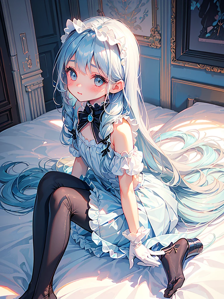 masterpiece, best quality, extremely detailed, (illustration, official art:1.1), 1 girl ,(((( light blue long hair)))), ,(((( light blue long hair)))),light blue hair, ,10 years old, long hair ((blush)) , cute face, big eyes, masterpiece, best quality,(((((a very delicate and beautiful girl))))),Amazing,beautiful detailed eyes,blunt bangs((((little delicate girl)))),tareme(true beautiful:1.2), sense of depth,dynamic angle,,,, affectionate smile, (true beautiful:1.2),,(tiny 1girl model:1.2),)(flat chest), (((1 girl)),Ray tracing,(dim lights),[Detailed background (bedroom)) 、 ((((Girl wears exquisitely embroidered black high-waisted pants with pantyhose) and white ruffled bow gloves), correct limbs, sitting on bed、Ribbon headband、Pencil Skirt
