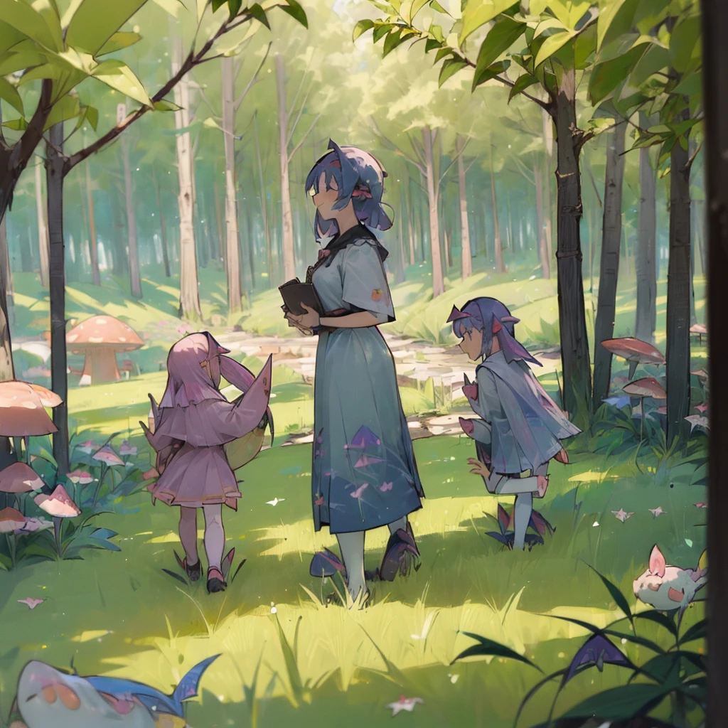 Vision, (three Lolitas: 2) Stable diffusion is the best image quality, morning sunshine, spring scenery, dew and flowers, flying hair, living in a dreamland of mushrooms and fairy tales, traveling, running, and laughing. forest path