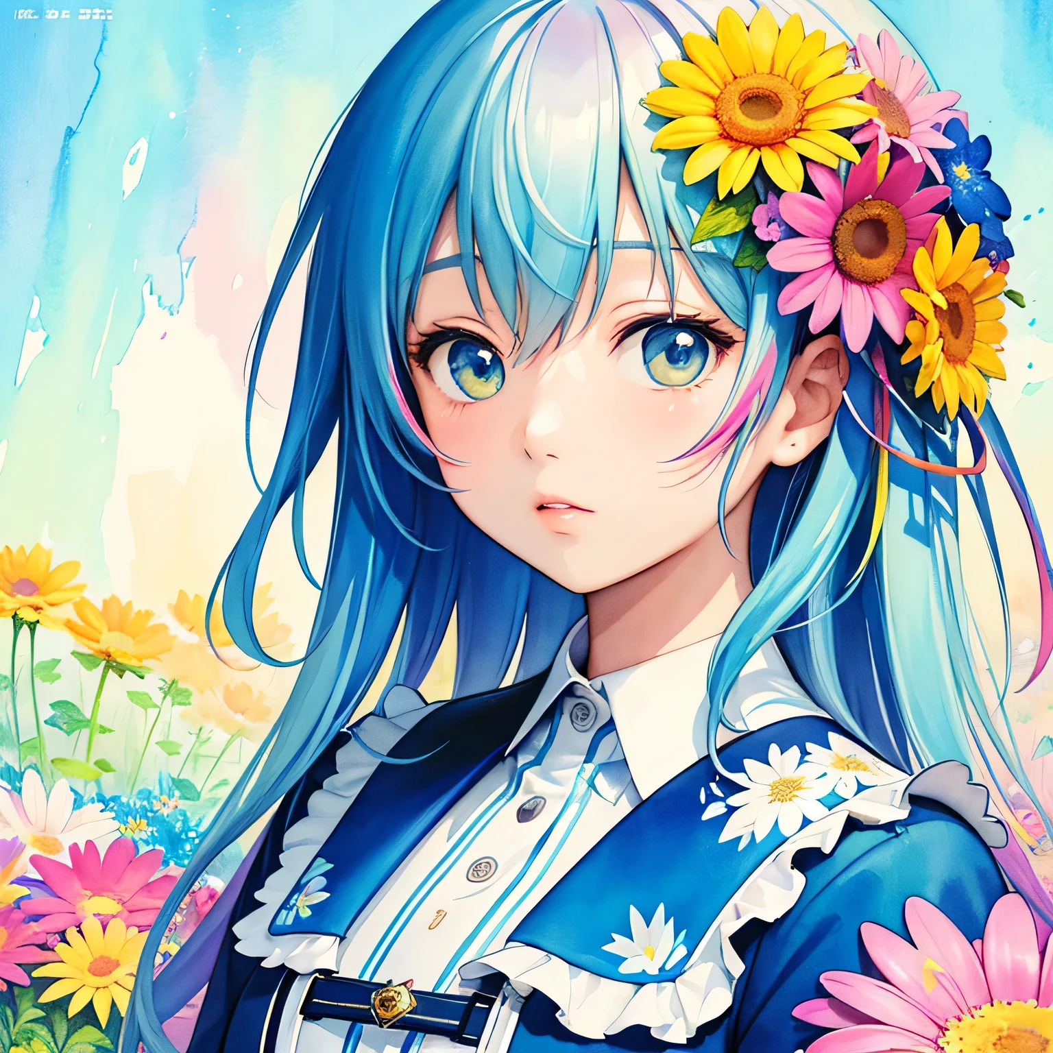 Kei Mochizuki Style、(((stylish fashion))), 8K Quality、Intense watercolor, Detailed watercolor art, Watercolor splash, Surreal, avant-garde pop art, Beautiful and expressive paintings, Beautiful artwork illustration, Very colorful tones, wonderful, Cool beauty, highest quality、Official Art, Vector art, Stylish design, (((The most beautiful girl))), (((highest quality))), HDR, ((detailed)), (((Doodle Art)), ((masterpiece)), ((Super detailed)), (((Colorful flowers))),(((Stylish))),