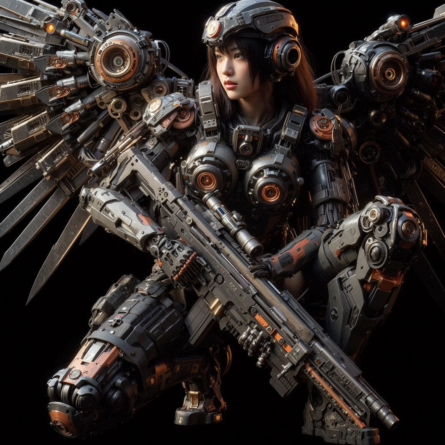 superrealism, ultra high res,8k,(Photorealsitic:1.4), (crab-like mechanical suit:1.2), designed by Hajime Katoki,heavy weapons,vivid textures,animal legs, gradation hair, japanese female soldier,(ultra beautiful face),((super realistic all textures)), ((super intricate all details)), Realistic detail enhancement like Magnific AI, full body shot, ultra sharp photo result, Acrylic Clear Cover, Hydraulic cylinder, style, taken with Fuji film X-T30+Nokton. HDR10,Minimum of 4 pieces created