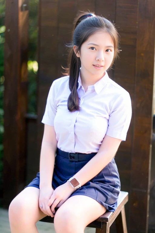 (masterpiece, best quality:1.2), 1girl, (ponytail hair styles),Beautiful girl wearing a , ((thai school uniform)), (posing sitting with legs dangling on the edge of a table, facing the camera, hands crossed behind her back), in a wooden house, morning,  There's little light.