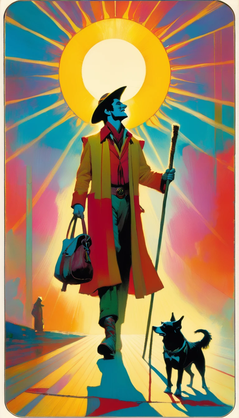 tarot card, the fool, happy man next to a dog walks with a bag tied to a stick, bright sun, tarot card frames ((text on card: "EL LOCO")) (art inspired by Bill Sienkiewicz). bright colors, oil painting)
