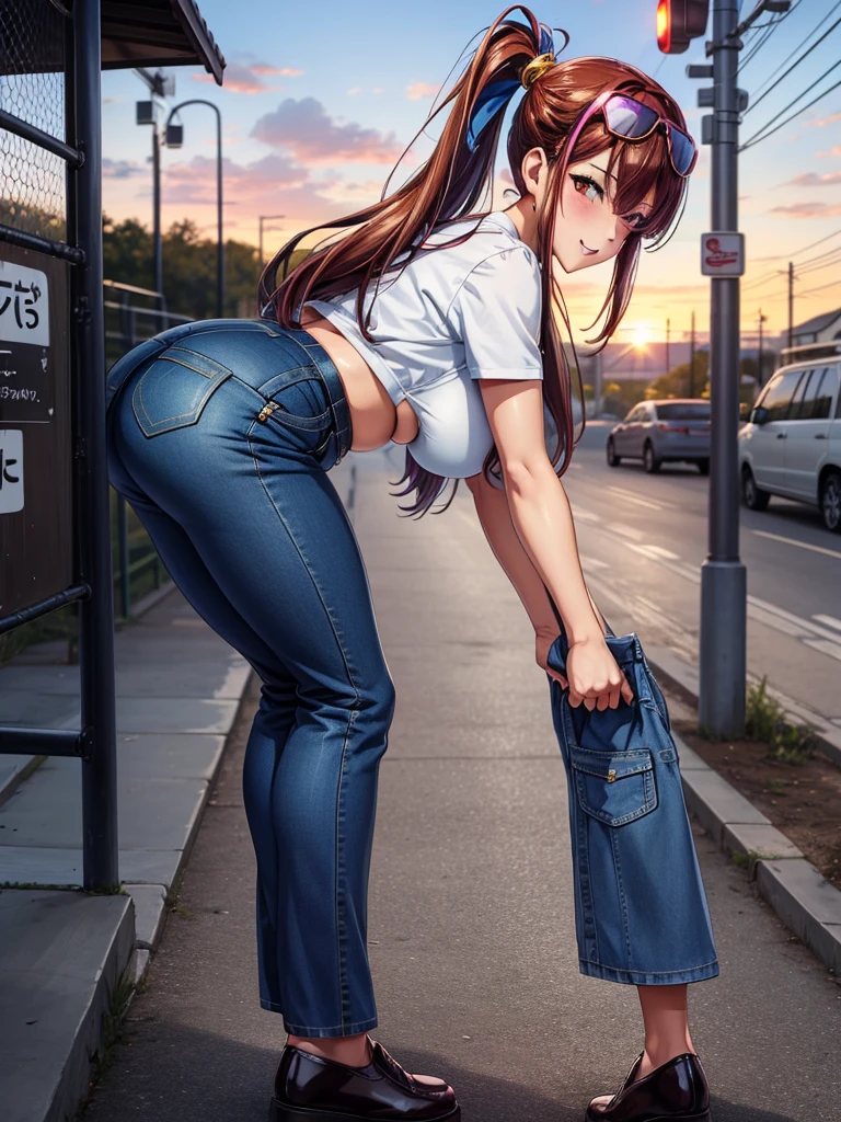 score_9, score_8_up, score_7_up, score_6_up BREAK solo,outdoors,looking at viewer,big butt,from side,bent over,arm support,sunset,high-waist jeans,tube top,gyaru,wink,bubblegum