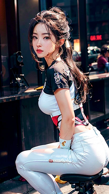 (masterpiece:1.3), (bestquality:1.3), (Realistic:1.3), (photorealistic portrait:1.4), (extremely complex:1.3), (exquisitely detailed skin), perfect anatomy, best shadows, ray tracing, delicate, intricate detailed, White skin, long hairstyle, Long black hair, long-haired, long-haired, The wind swayed.. (large boobs:1.3), Beautiful woman wearing college uniform, Sexy, White short-sleeved shirt, Black pencil skirt, miniskirt High skirt, Leather skirt, Student Belt, lipgloss, eye shadow, jewelry, earrings, necklace, pitch black heels. viewer look., naughty face, Naughty smile, Dynamic Poses, scenery, city, city scape, scenary, road ,
