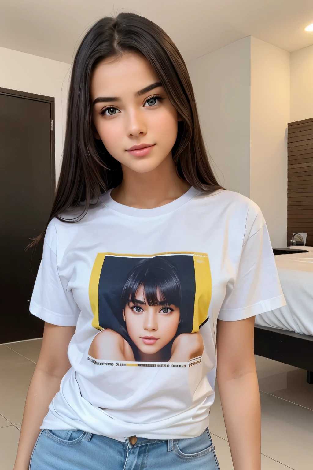 A beautiful and attractive girl age 20 whose face is clearly show and in tshirt and jince