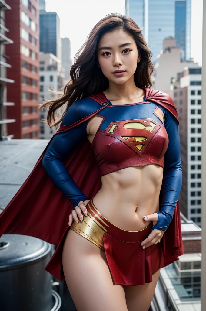 beautiful Anna Sawai (Japanese actress), Supergirl costume, medium breasts, (highdetailskin:1.2), 8K UHD, Digital SLR, Soft lighting, High quality, filmgrain, Fujifilm XT3, perfect figure, (beautiful woman:1.4), (Slim abs:1.1), ((flowing hair)), RAW photo, rooftop, New York city, superhero pose.