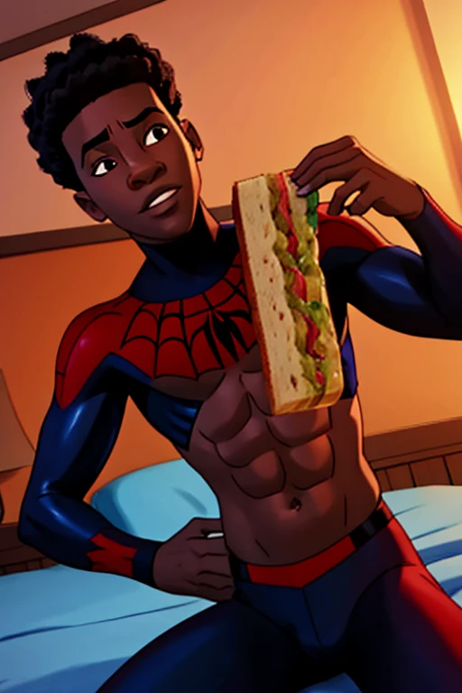 14 year old Miles Morales eats a sandwich in his bed and shows his abs,