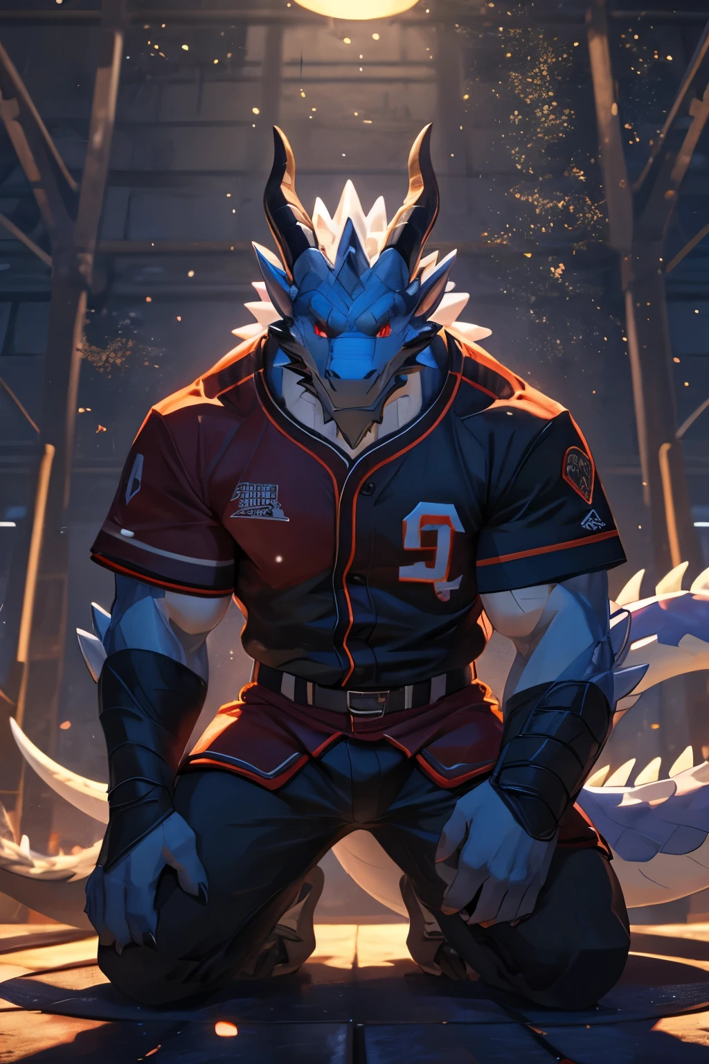 Solitary, Beast field, (dragon), anthropology, male, ((White body,Golden Eyes)), Bright Eyes, Tail, muscle, Handsome,Baseball uniform,Sexy,Amber eyes,Bright Eyes,Sexy,strong,Kneeling, Sports Lounge,Changing room,Alone,Sexy,Open top,Pinch the nipple,Sticking out tongue,With nipple clamps,Clear expressions,Kneeling on the ground,Claws, Depth of Field, Perfect lighting, (Light Particles),(best quality),(masterpiece),(ultra deTailed),Clear focus,Light Particles,