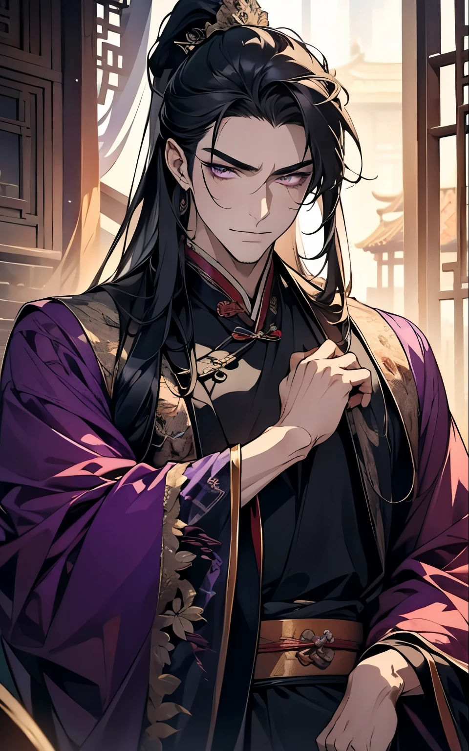 1 middle-aged man, (45 years old), long black hair, violet eyes, chinese clothes, !PURPLE! clothes, available at purple chinese room, portrait