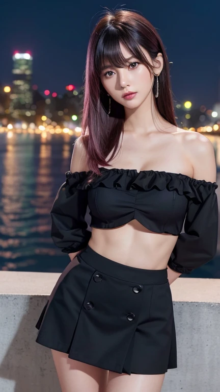 ((Highest quality)),((最high resolution)),((high resolution)),((detailed)),((High definition)),((8K)),((Perfect body)),((Perfect Face)),((Realistic)),((Real)),((Realistic)),((Beauty)),Korean、Stylish cityscape、Outdoor、City、Night view、Black Hair、((Only the tips of the hair are pink))、big breasts、Straight long hair、Very dense makeup、((Bangs cut in a straight line))、Black Mini Skirt、Black ruffled off-the-shoulder top、Exposed Skin、Cross your arms、Slanted Eyes