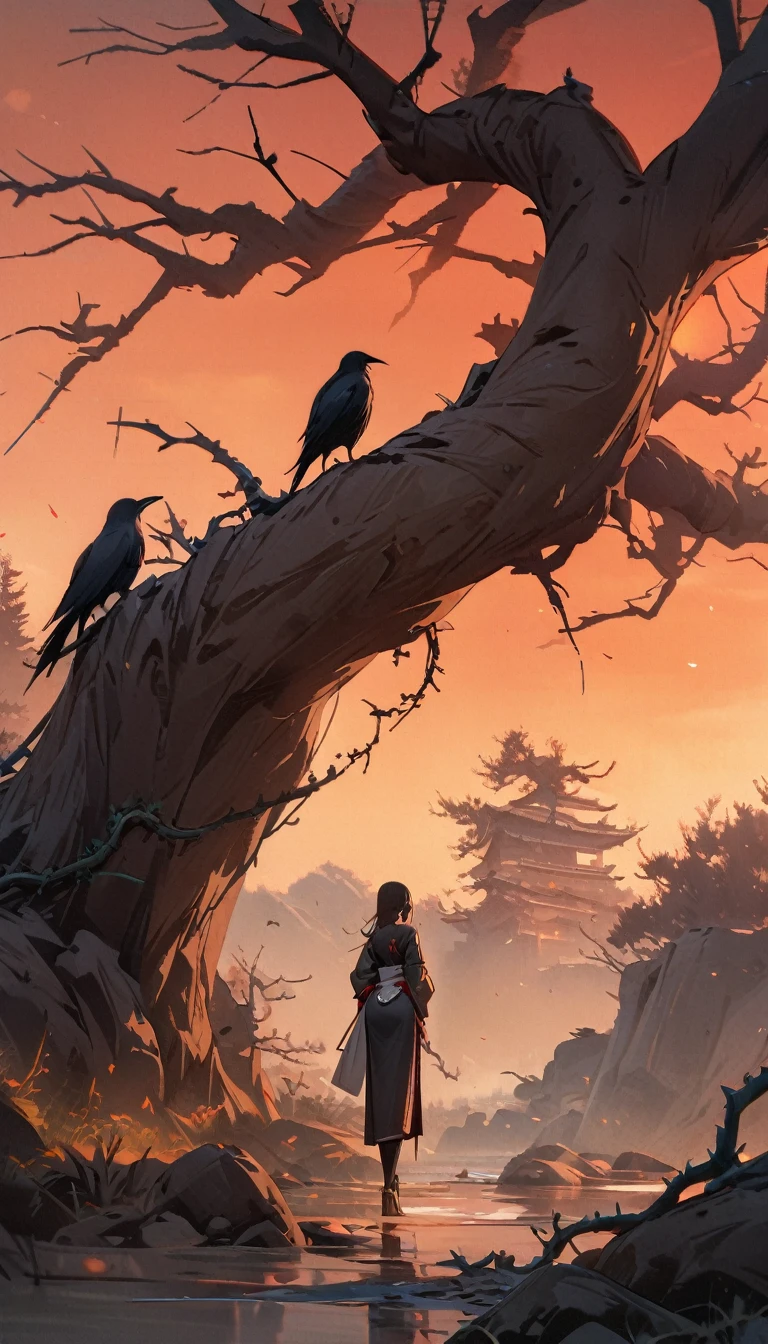 masterpiece, high quality, high resolution,8K, Chinese painting ,, Dead vines, old ((Trees)), dusk ((crow)) Don't cry,, ((A small bridge)), flowing water,Journey to the West,Journey to the West,Sun Wukong,Sun Wukong,The Monkey King,Golden Cudgel,Golden Cudgel,Fixing the sea god needle,totem (((Luxurious ancient buildings))), (Sun Wukong:1.6),, Cold wind blows westward ((An old road)),, When the sun sets, My heart ached with the anger of loneliness,,