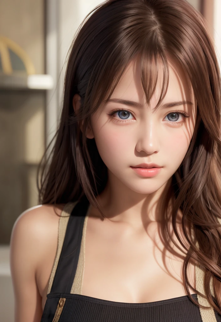 8K, Highest quality, Tabletop:1.2), (Realistic, Photorealistic:1.37), Highest quality, Tabletop, Beautiful young woman, （Small face,Very cute face）,Pensive expression, Kind eyes, Naked Apron、Shy、Tie your hair back, Movie Background,  Light skin tone
