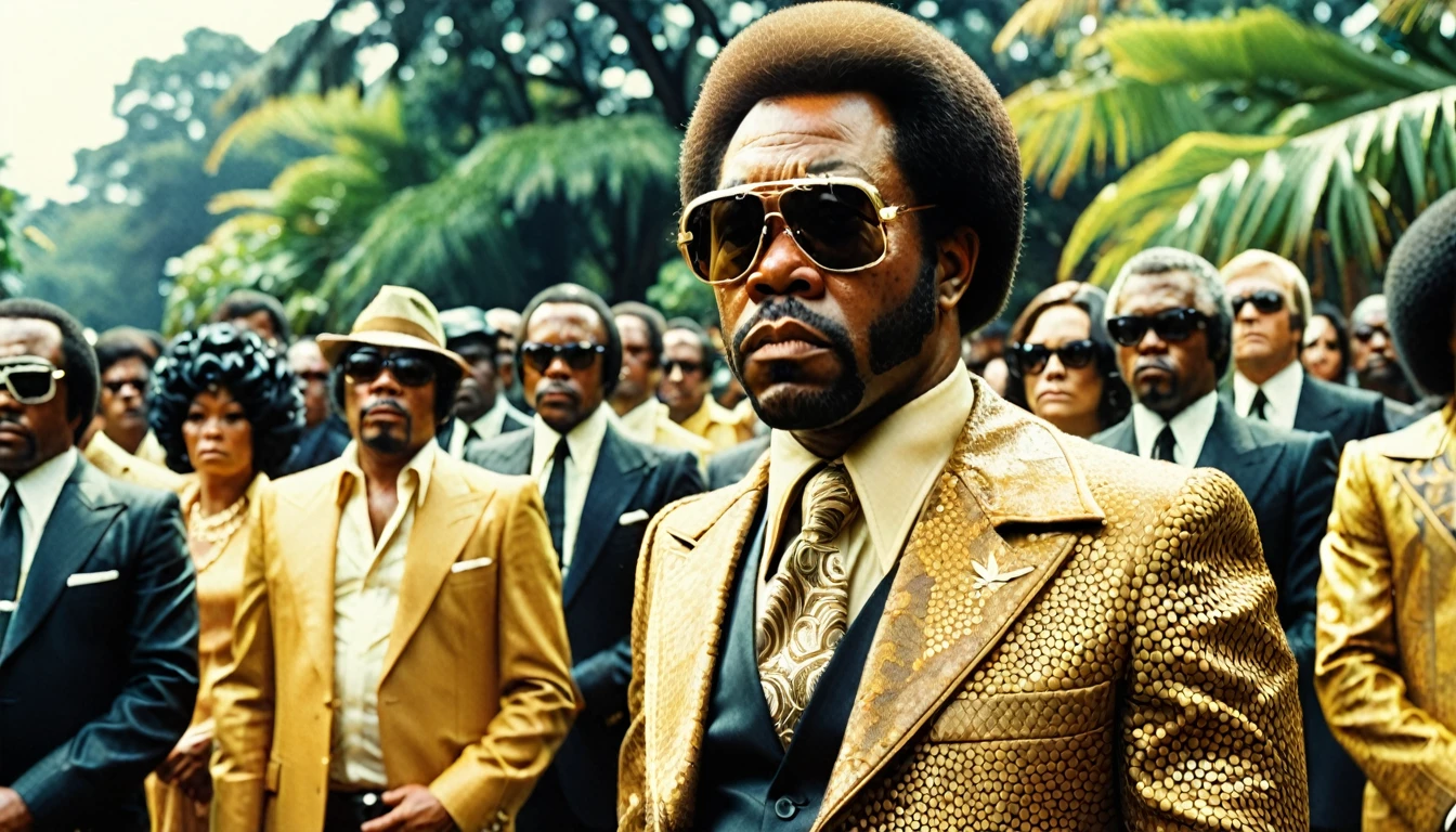1970s photo of "UGK" wearing 1970s attire, attending funeral, cinematic action, atmospheric perspective, textured skin, super detail,